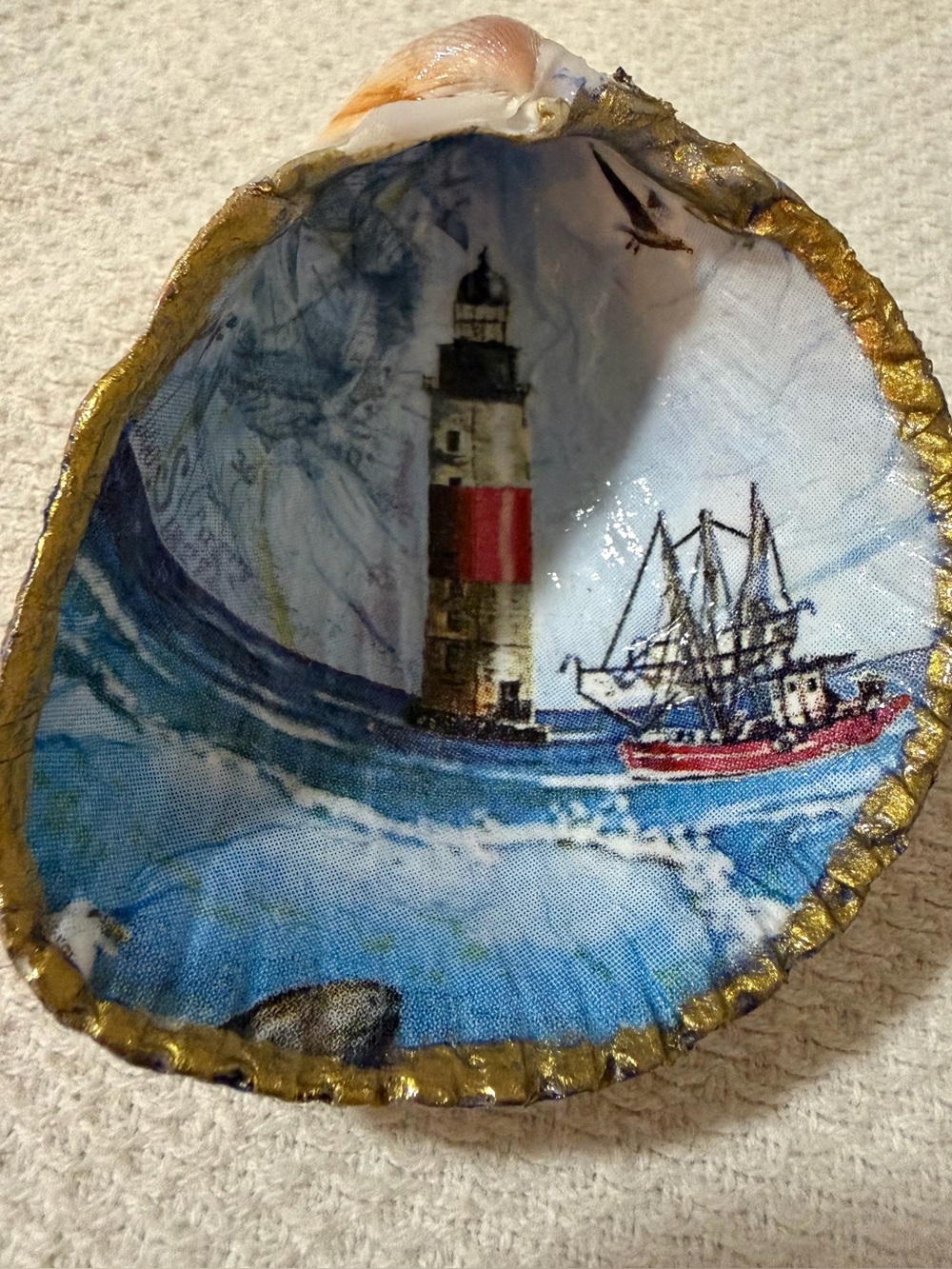 Nautical Lighthouse Shell Art - Blue and Red Seascape